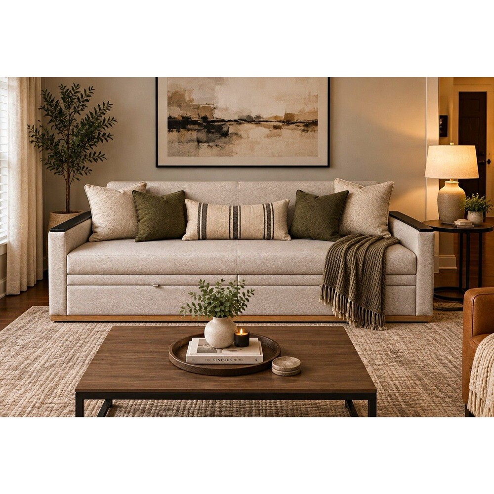 Nemschoff 3-Seat Beige Fabric Sofa w/ Storage Drawers, Black Frame/Arm Caps